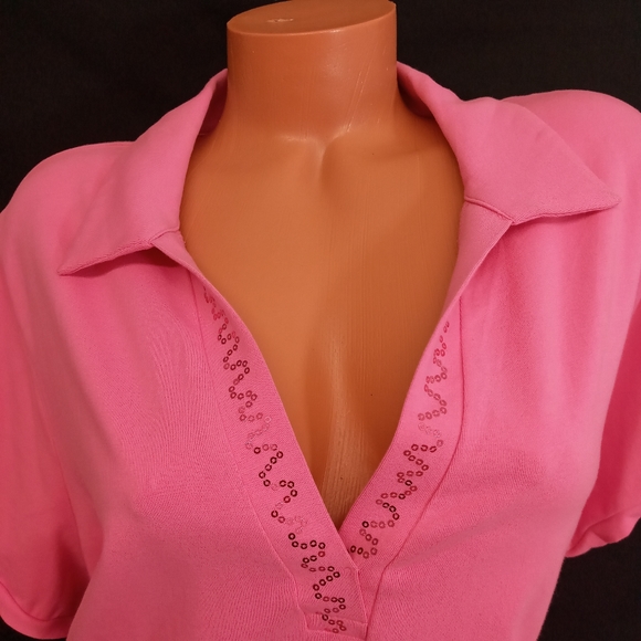 22/24W PINK L.a. blues perfect fit stretch FLAT sequins v neck detail collar top - Picture 3 of 9